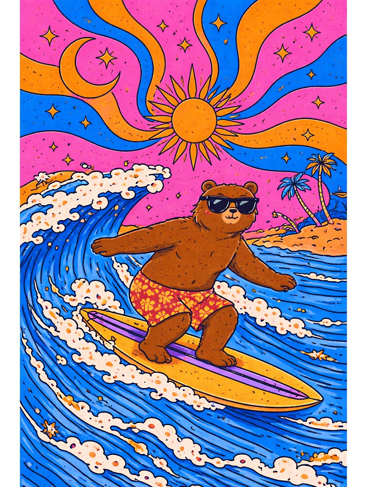 Cool Surfing Bear with Sunglasses – Funny Psychedelic Surf Art by DrizzyV