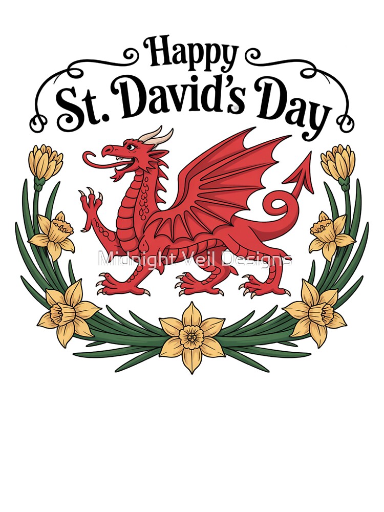 Happy St. David's Day Traditional Welsh Red Dragon – Daffodil Wreath by Midnight Veil Designs T-Shirts, Hoodie,... (Image 3)