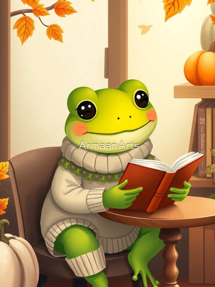 Cozy Cottagecore Frog T-Shirt | Frog Reading Book | Cute Autumn Graphic Tee by ArmaanArts Hoodie, Sweatshirt (Image 3)
