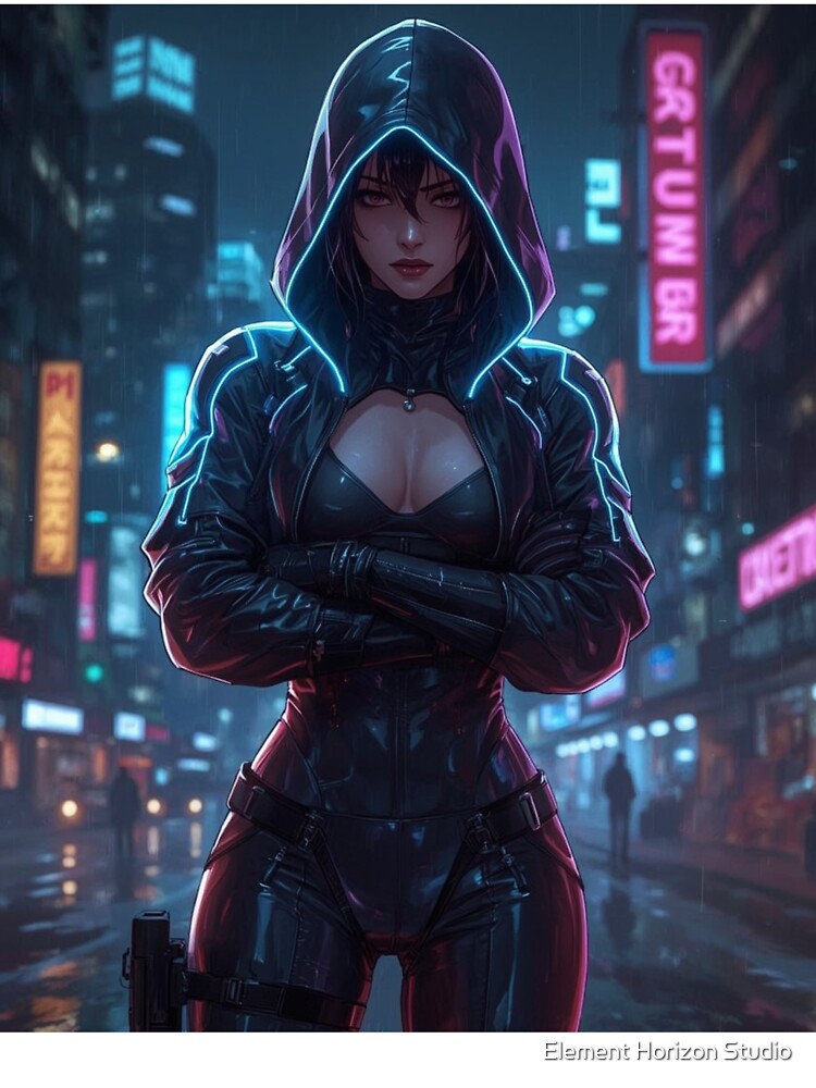 Neon Sentinel Cyberpunk Hooded Girl in Futuristic Night City by Element Horizon Studio T-Shirts, Hoodie, Sweatshirt (Image 3)