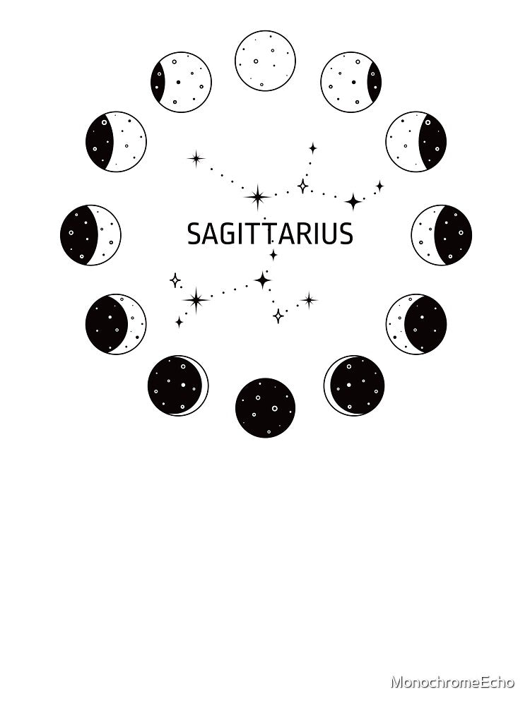 Moon phases and zodiac constellation Sagittarius by MonochromeEcho T-Shirts, Hoodie, Sweatshirt | BlankRebels.com (Image 3)