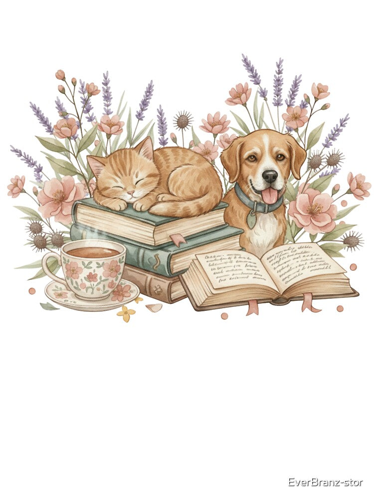 Cozy Vintage Books, Wildflowers, Tea, dog & Cat Aesthetic by EverBranz-stor T-Shirts, Hoodie, Sweatshirt (Image 3)