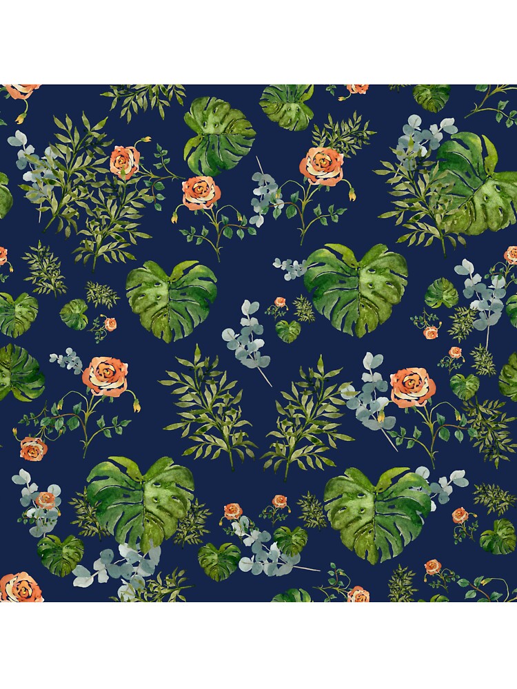 Rose flower palm leaf branch pattern watercolor indigo by Yana Mustafina | Boho Soulful Designs T-Shirts,... (Image 3)