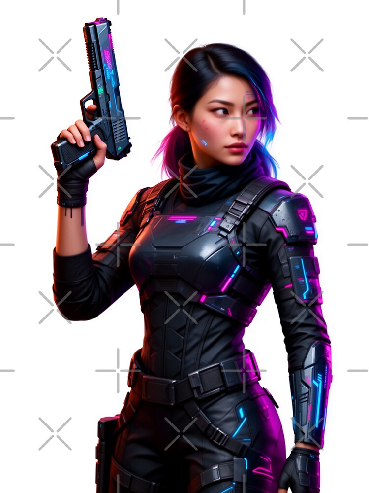 Female Cyberpunk Ninja with handgun looking by aykiradesigns