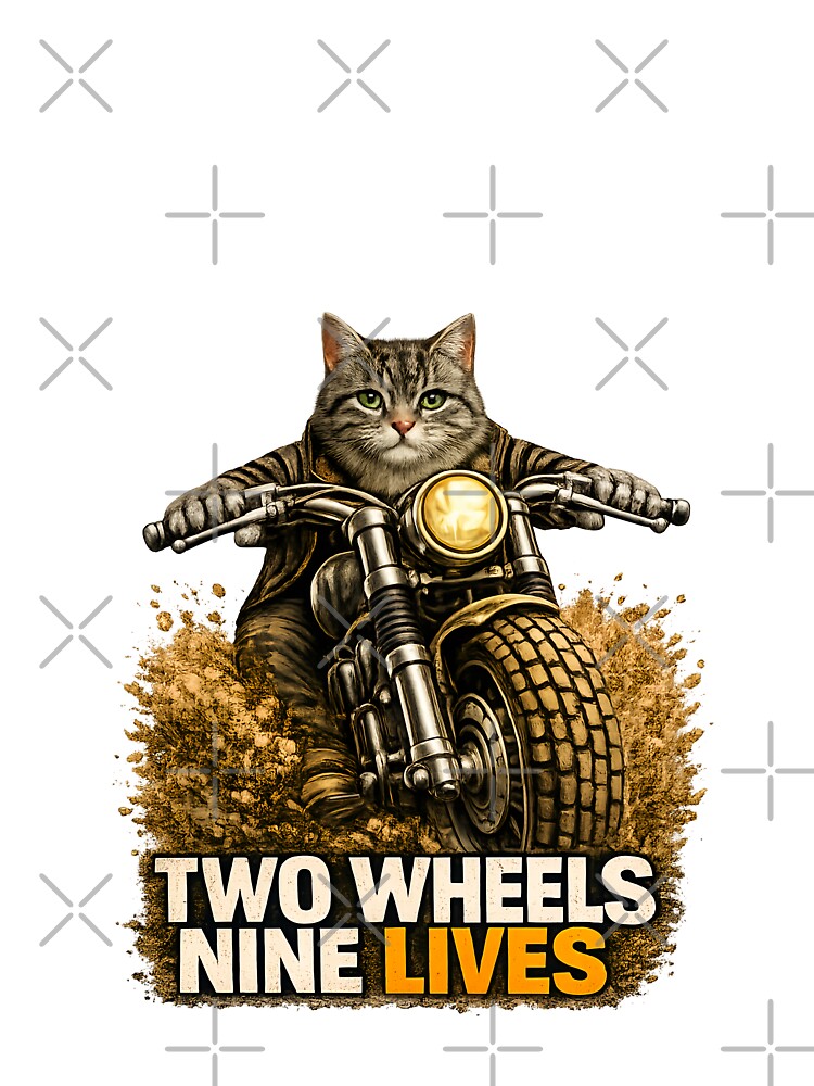 Gray Tabby Cat Motorcycle Art – Two Wheels Nine Lives Biker Cat Print Design by PixelsPaws