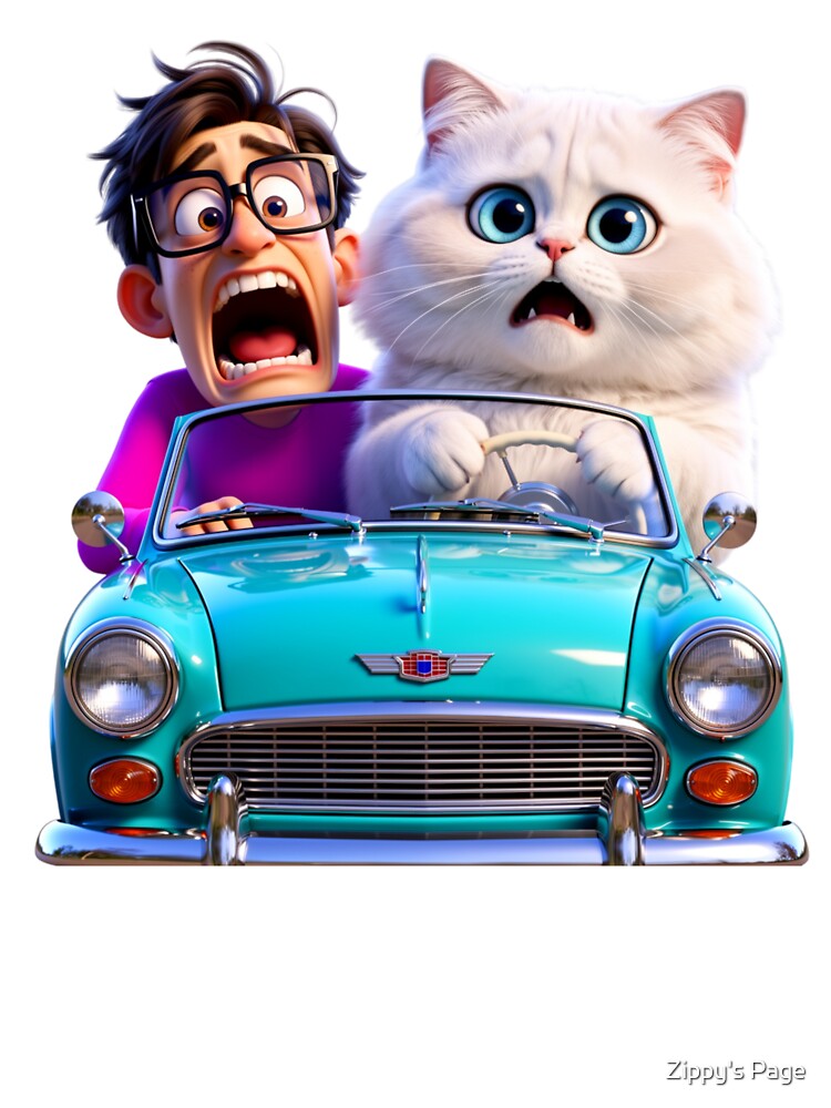 Funny Man and Fluffy Cat in Vintage Convertible by Zippy's Page