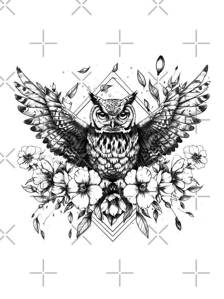 Owl with Wings Spread – Floral Mandala Geometric Black & White Tattoo Art by inkoutninja