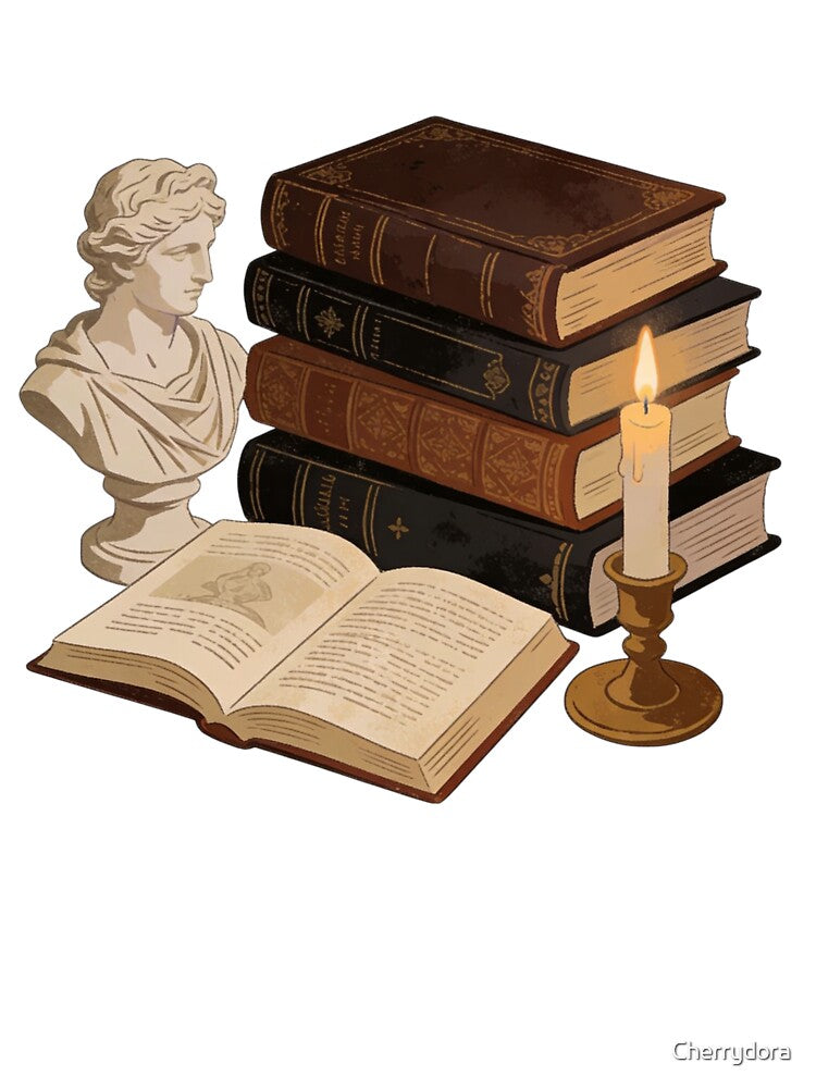 Dark Academia Study Aesthetic: Vintage Books Stack, Classical Bust, and Cozy Candlelight Art by Cherrydora... (Image 3)