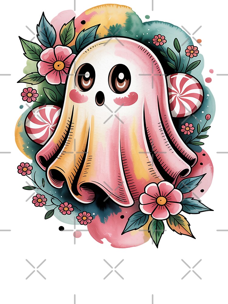 Retro Candy Spirit Ghost Shirt Pastel Tattoo Watercolor Tee, Vintage Whimsical Halloween-Inspired Unisex Tee,... (Image 3)