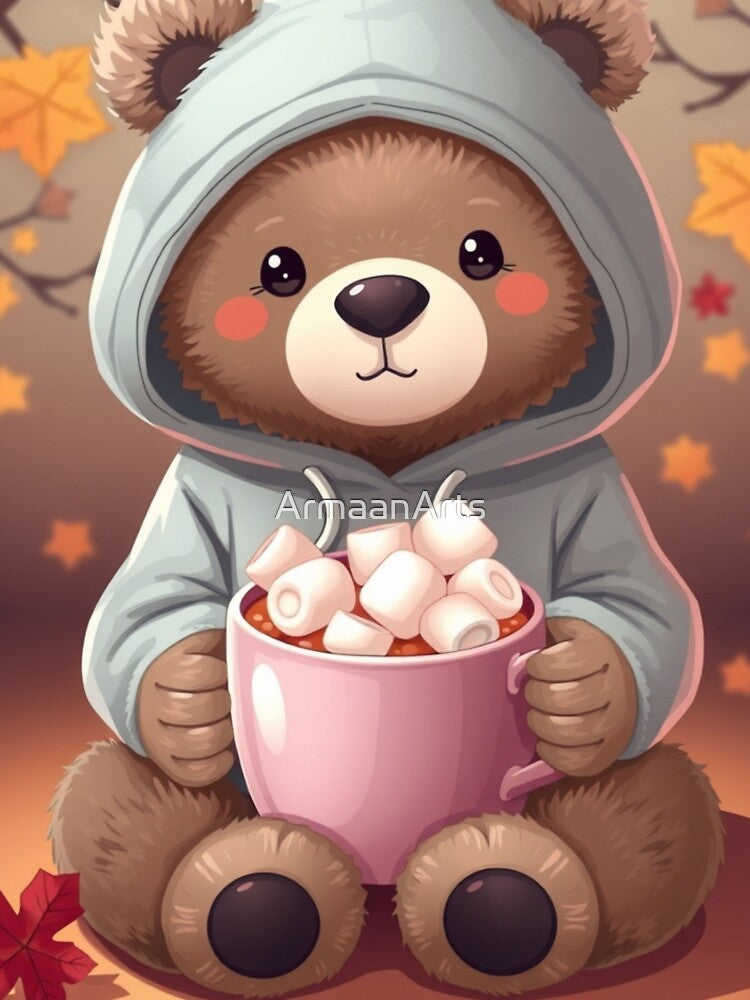 Cute Cozy Bear Hoodie T-Shirt | Autumn Hot Chocolate Bear Illustration Tee by ArmaanArts Sweatshirt (Image 3)