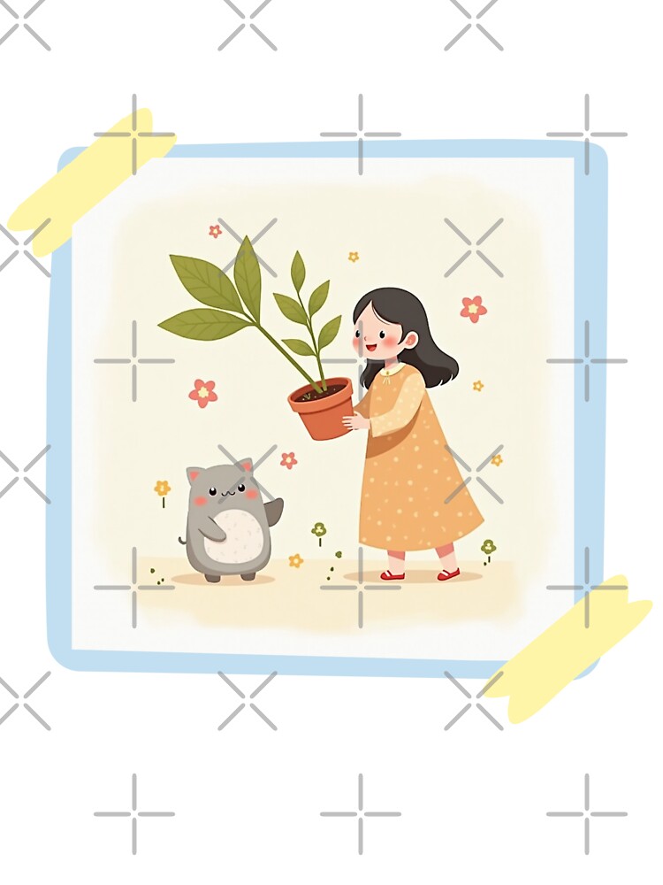 Cute Girl and Chubby Cat with Potted Plant – Wholesome Kawaii Nature Art by Kimagure13 T-Shirts, Hoodie, Sweatshirt (Image 3)