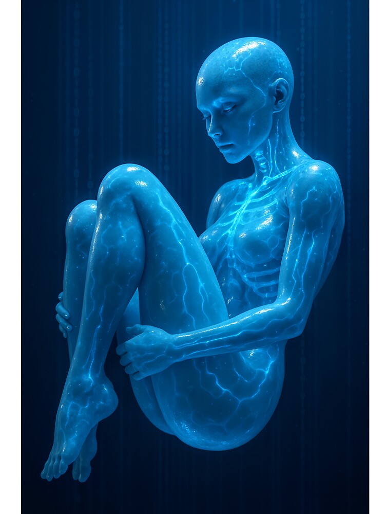 Blue figure hugs knees in digital rain by CathryneDelamort T-Shirts, Hoodie, Sweatshirt | BlankRebels.com (Image 3)