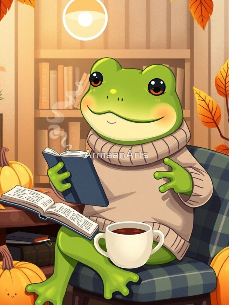 Wholesome Frog Reading T-Shirt | Cozy Autumn Animal Art | Cute Fall Tee by ArmaanArts Hoodie, Sweatshirt (Image 3)
