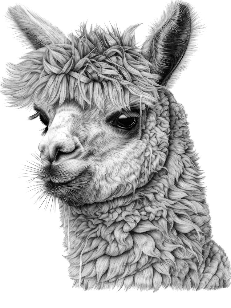 Alpaca Realistic Design, Black and White, Digital Art, Animals, Nature by Tomioka-Art
