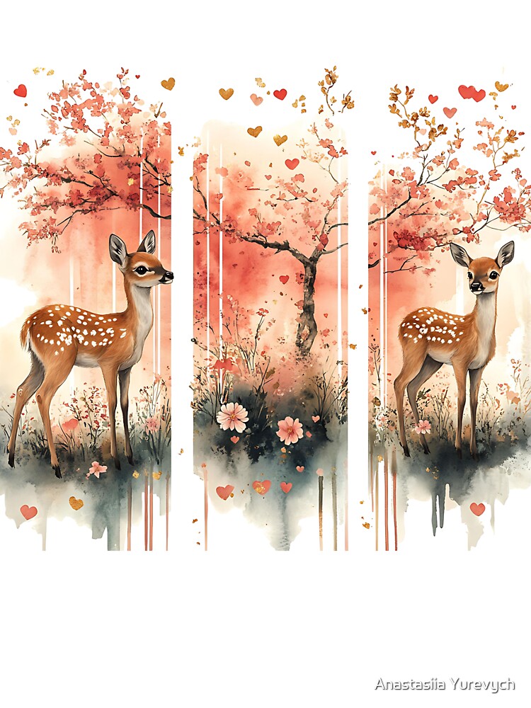 Romantic woodland deer illustration with soft floral scenery Peaceful forest scene with fawns and delicate blossoms by Anastasiia Yurevych
