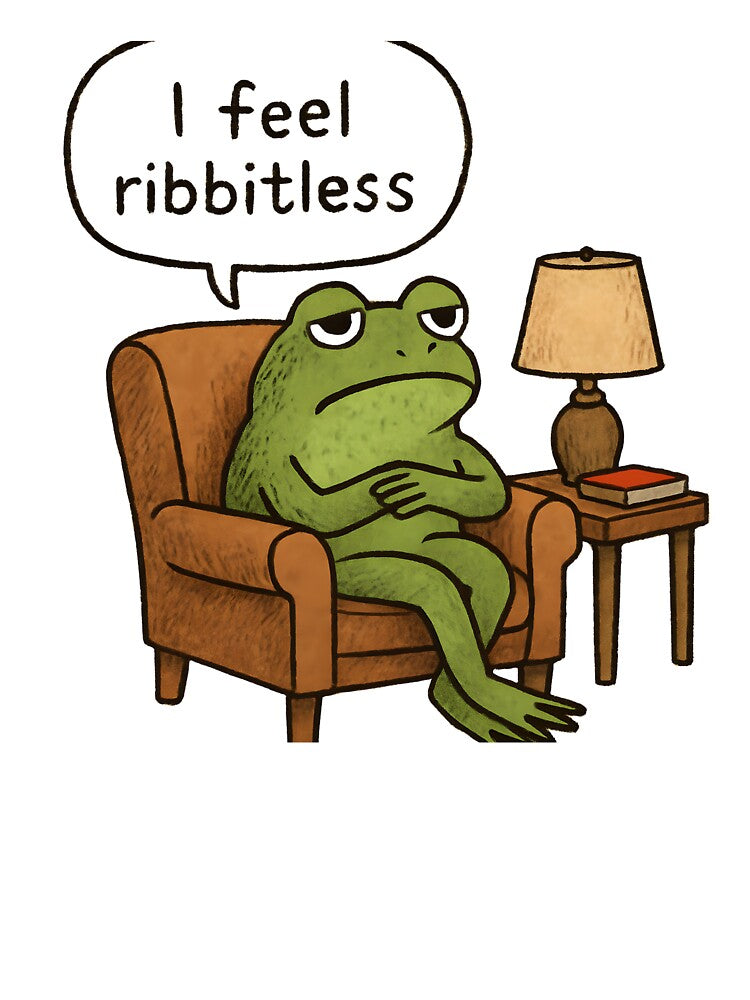 Depressed Frog in Chair Saying “I Feel Ribbitless” — Funny Sad Sticker by Geafixy T-Shirts, Hoodie, Sweatshirt (Image 3)