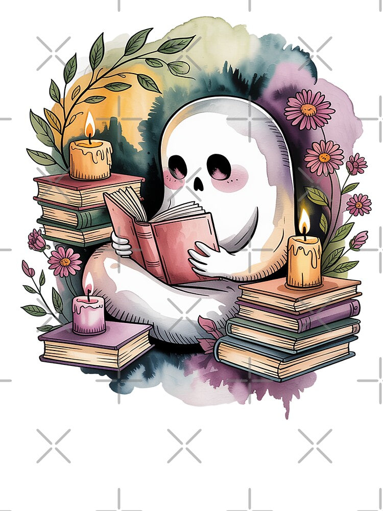 Whimsical Book Nook Ghost Shirt Reading Ghost Watercolor Tattoo Tee Dark Academia Cozy Top for Book Lovers... (Image 3)