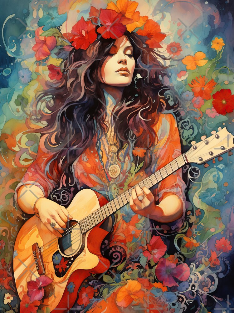 Hippie girl playing guitar by Rosaliartbook T-Shirts, Hoodie, Sweatshirt | BlankRebels.com (Image 3)