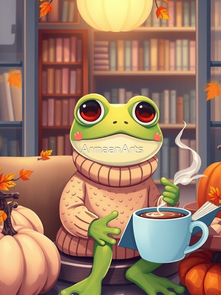 Cute Frog Reader T-Shirt | Cozy Fall Frog | Book Lover Aesthetic Tee by ArmaanArts Hoodie, Sweatshirt (Image 3)