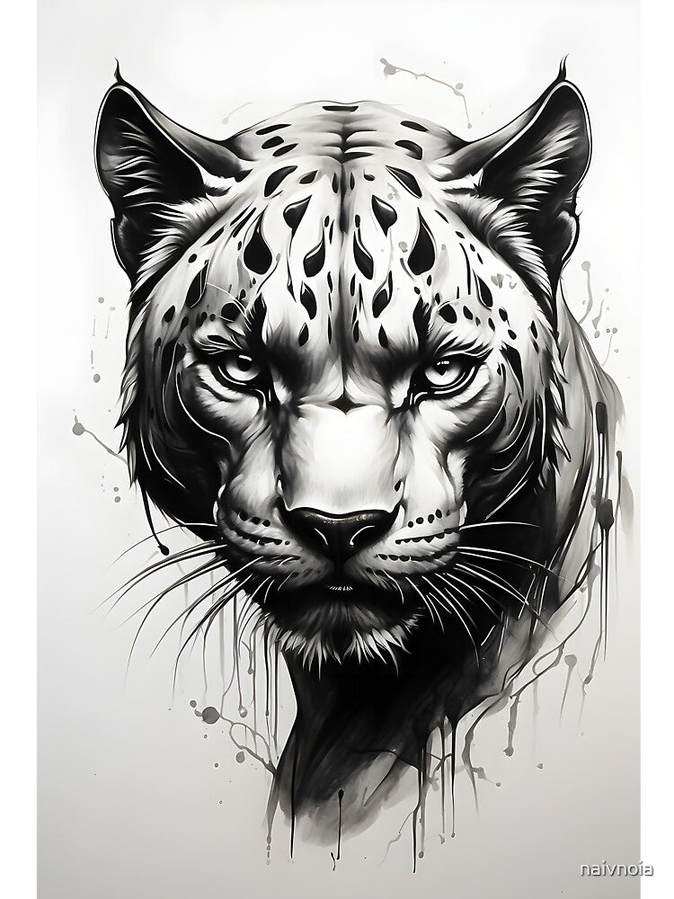 menacing leopard Drawing scketch tattoo style Watercolor black and white shades of gray Print Art for T-shirt... (Image 3)