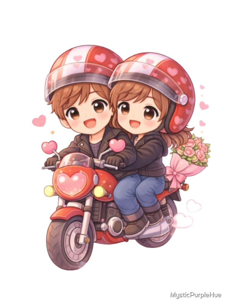 Cute Valentine Biker Couple – Chibi Romantic Illustration with Flowers by MysticPurpleHue T-Shirts, Hoodie,... (Image 3)