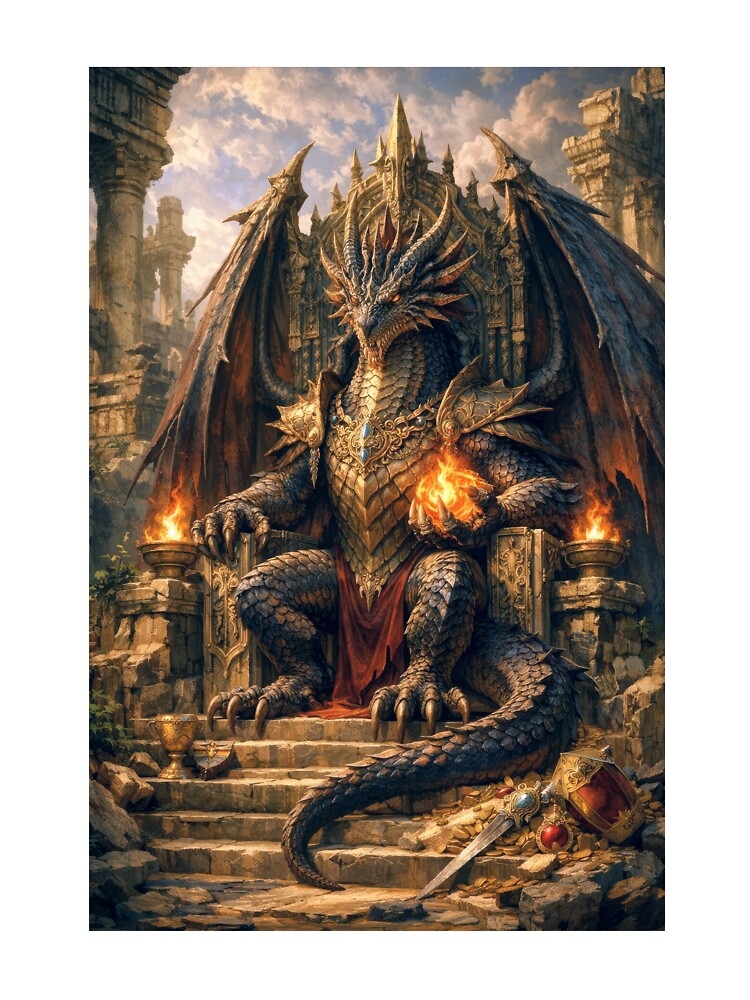 Dragon King on the Throne – Ancient Fire Guardian Fantasy Art by DrakariArt T-Shirts, Hoodie, Sweatshirt (Image 3)