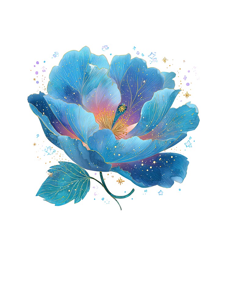 A blooming flower with soft blue petals and delicate gold glitter floating around it. Perfect for stickers,... (Image 3)