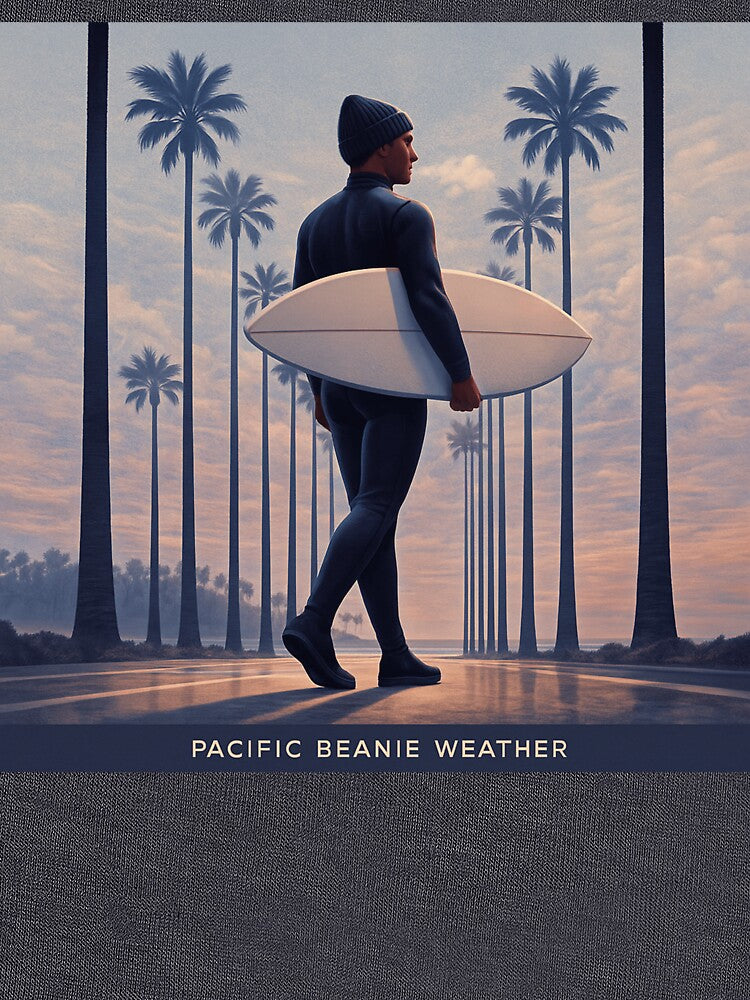 Pacific Beanie Weather Surfer Under Palms California Art by POD DYNASTY T-Shirts, Hoodie, Sweatshirt (Image 3)