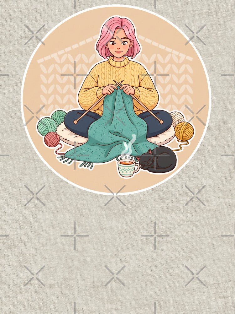 Cozy Knitting Girl with Yarn, Cat, and Tea – Relaxing Craft Illustration by C3J7 T-Shirts, Hoodie, Sweatshirt (Image 3)