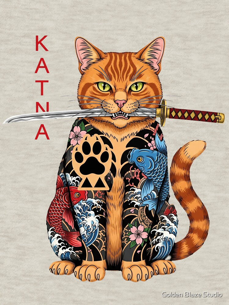 Katana Samurai Cat Tattoo Art – Japanese Koi & Wave Style, Fierce Warrior Cat Illustration by Golden Blaze... (Image 3)