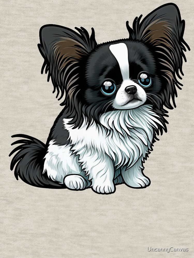 Papillon Dog Puppy - Black and White Fur - Kawaii Cartoon by UncannyCanvas