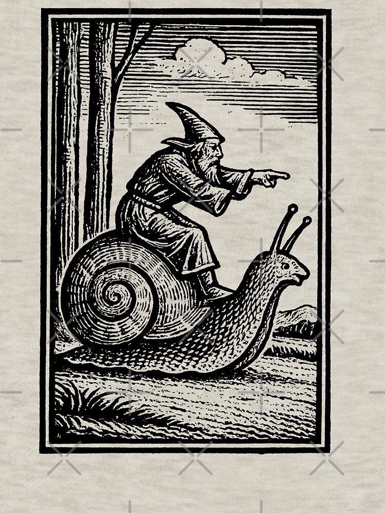 Retro Medieval Wizard Snail Rider - Vintage 90s Renaissance Fantasy Art by CARBONARA LLC.