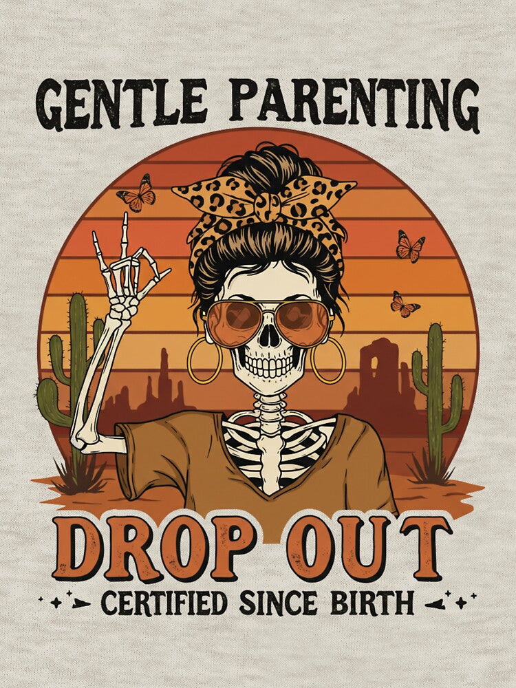 Rebellious Skeleton Mom with Leopard Bandana | Gentle Parenting Drop Out | Vintage Sunset Desert Design by... (Image 3)