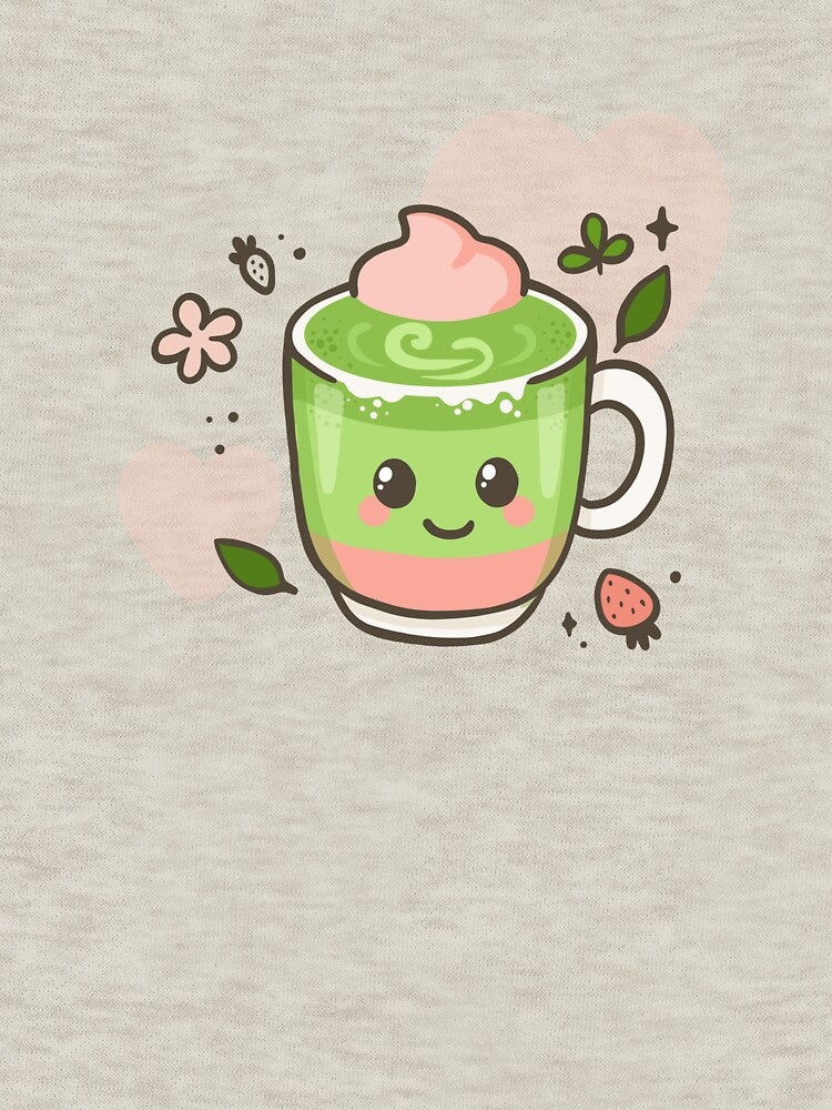 Kawaii Matcha Strawberry Tea – Cute Vector Drink Illustration by Tattyarts T-Shirts, Hoodie, Sweatshirt (Image 3)
