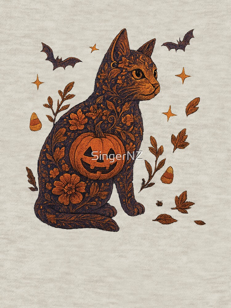 Whimsical Halloween Cat Illustration | Pumpkin Floral Black Cat Art by SingerNZ T-Shirts, Hoodie, Sweatshirt (Image 3)