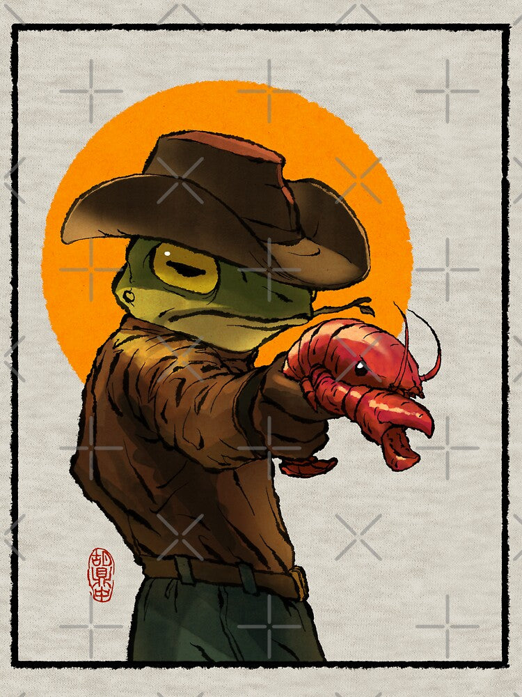 gunslinger cowboy western frog with pistol shrimp crawdad artwork drawing with frame by DingHuArt T-Shirts,... (Image 3)