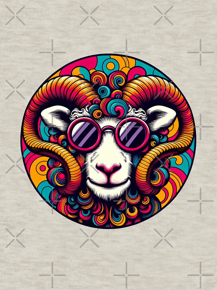 Psychedelic Ram Head with Sunglasses | Groovy Pop Art Sheep Illustration by HBDStudio T-Shirts, Hoodie, Sweatshirt (Image 3)