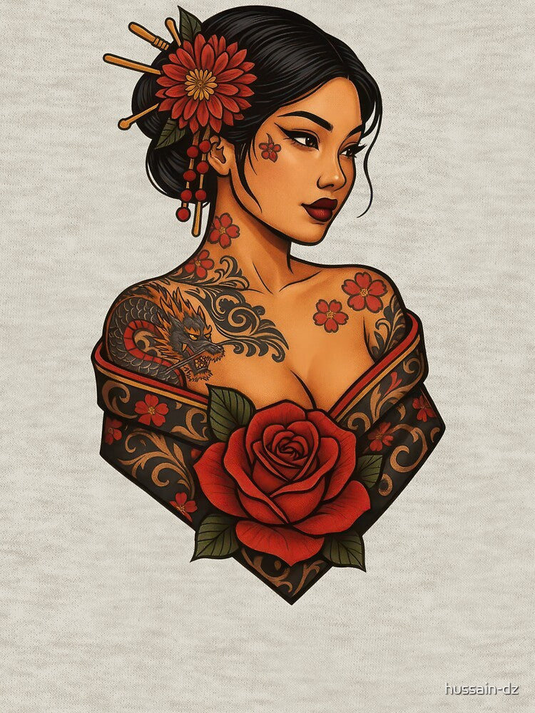 Floral Geisha Tattoo Woman Bold Feminine Design by hussain-dz T-Shirts, Hoodie, Sweatshirt | BlankRebels.com (Image 3)