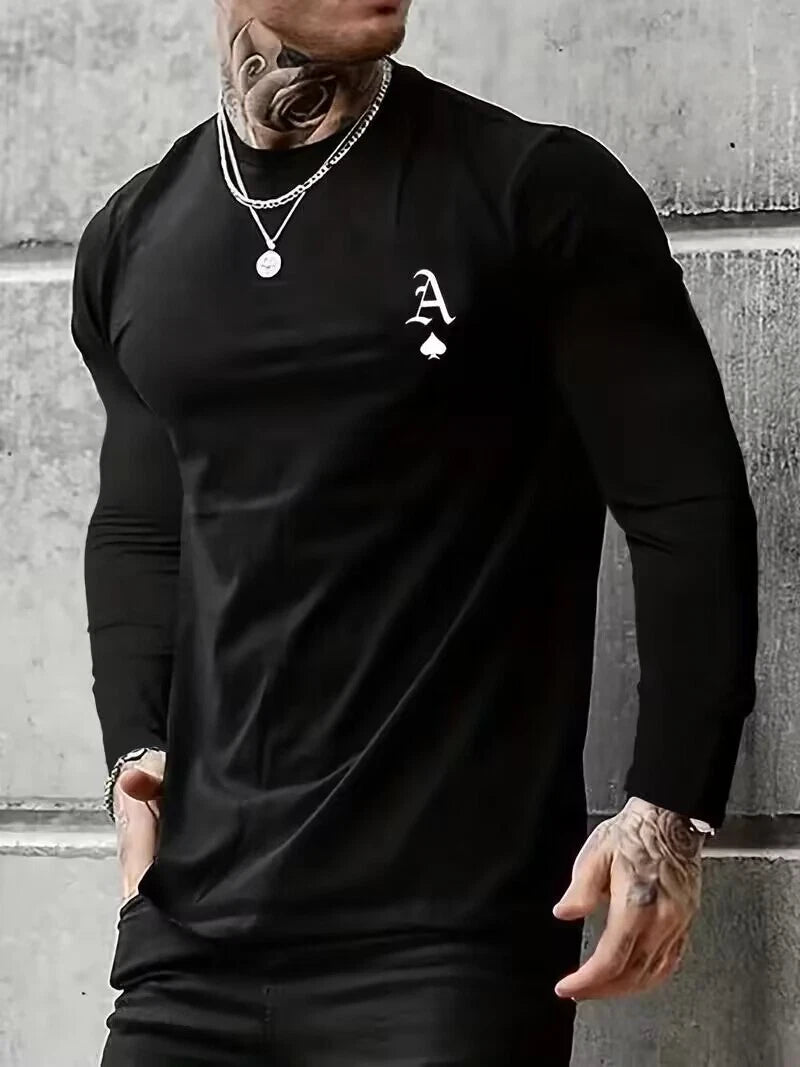 T Shirt Royal Black A Ace of Spades Poker Solid Casual Fashion Men's Long Sleeve