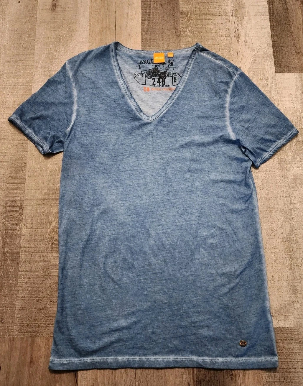 Hugo Boss Orange Mens Large Blue V Neck T Shirt Garment Dyed Casual Portugal Tee