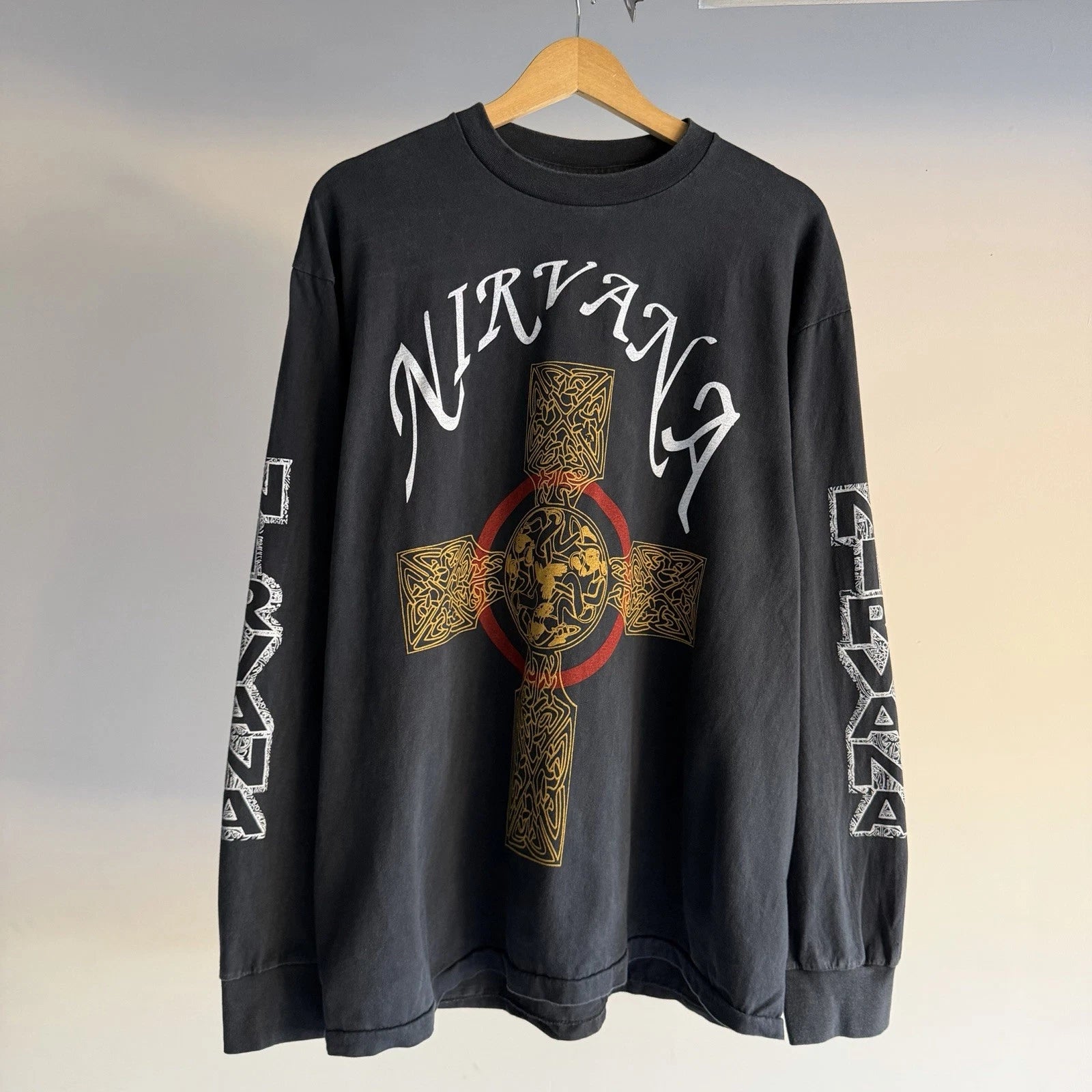 Vintage REPRINT Nirvana Pagan Cross Boot Long sleeve Faded Band T Shirt XL