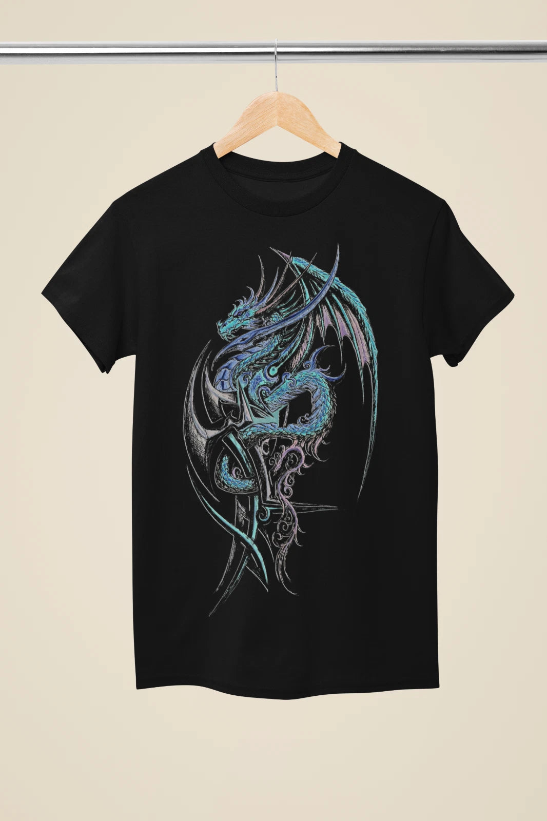 Fantasy Neon Dragon Tattoo Inspired Black T-Shirt