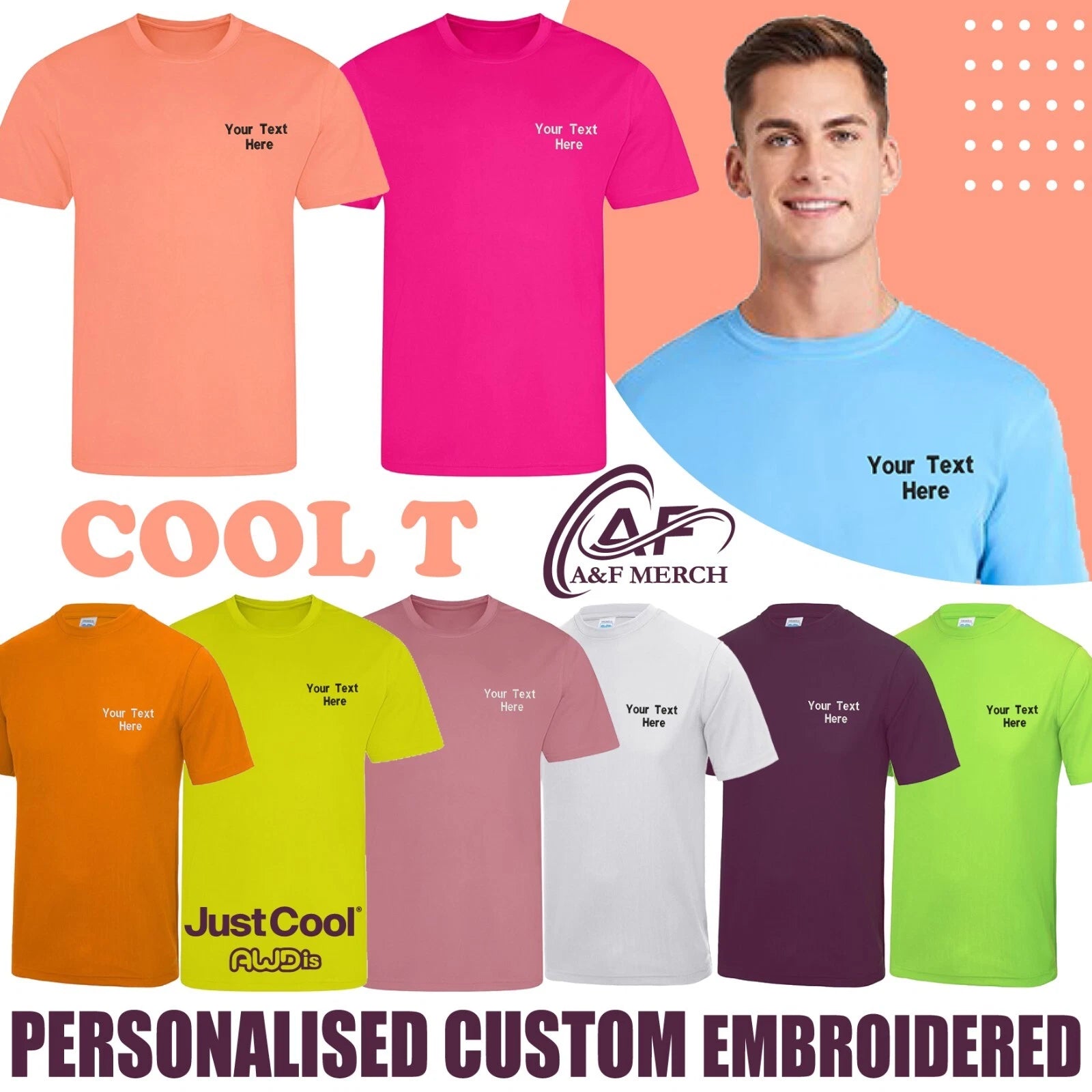 Personalised Custom Embroidered Just Cool Awdis Cool T-shirt Gym Stag Do Hen
