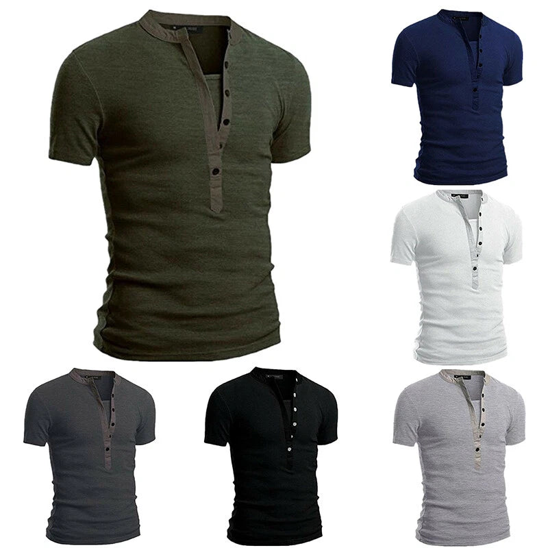 Mens Casual Slim Fit V Neck T-Shirt Muscle Tee Tops Short Sleeve Button Blouse ∟