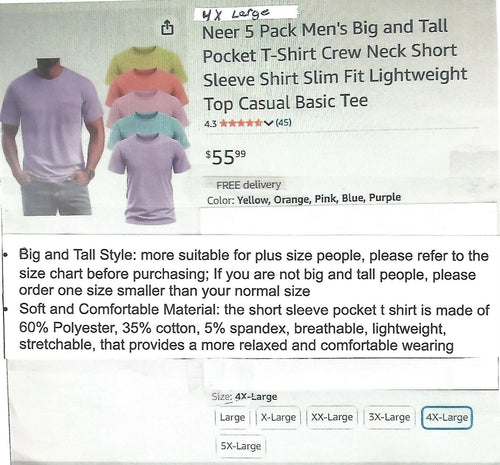 ( Lot Of 5  )  Neer  Light Weight Pocket T Shirts Mens  4XL    New without tags