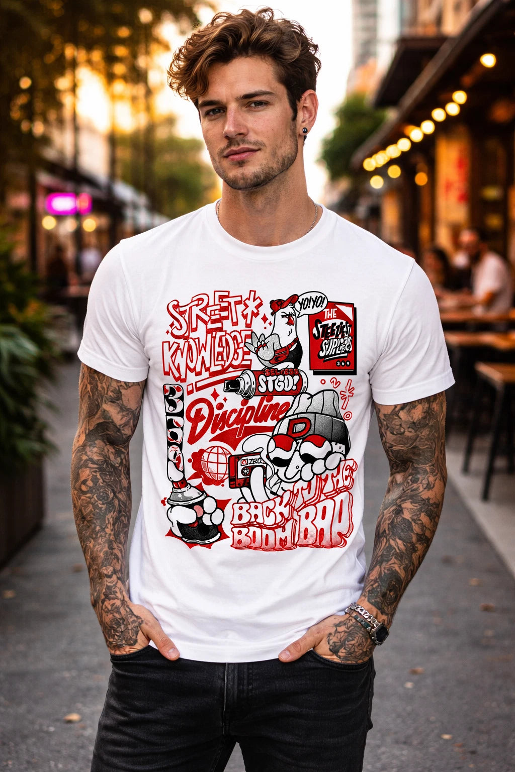 Urban Graffiti Graphic T-Shirt Streetwear Sketch Art Tee Red Black White Fashion