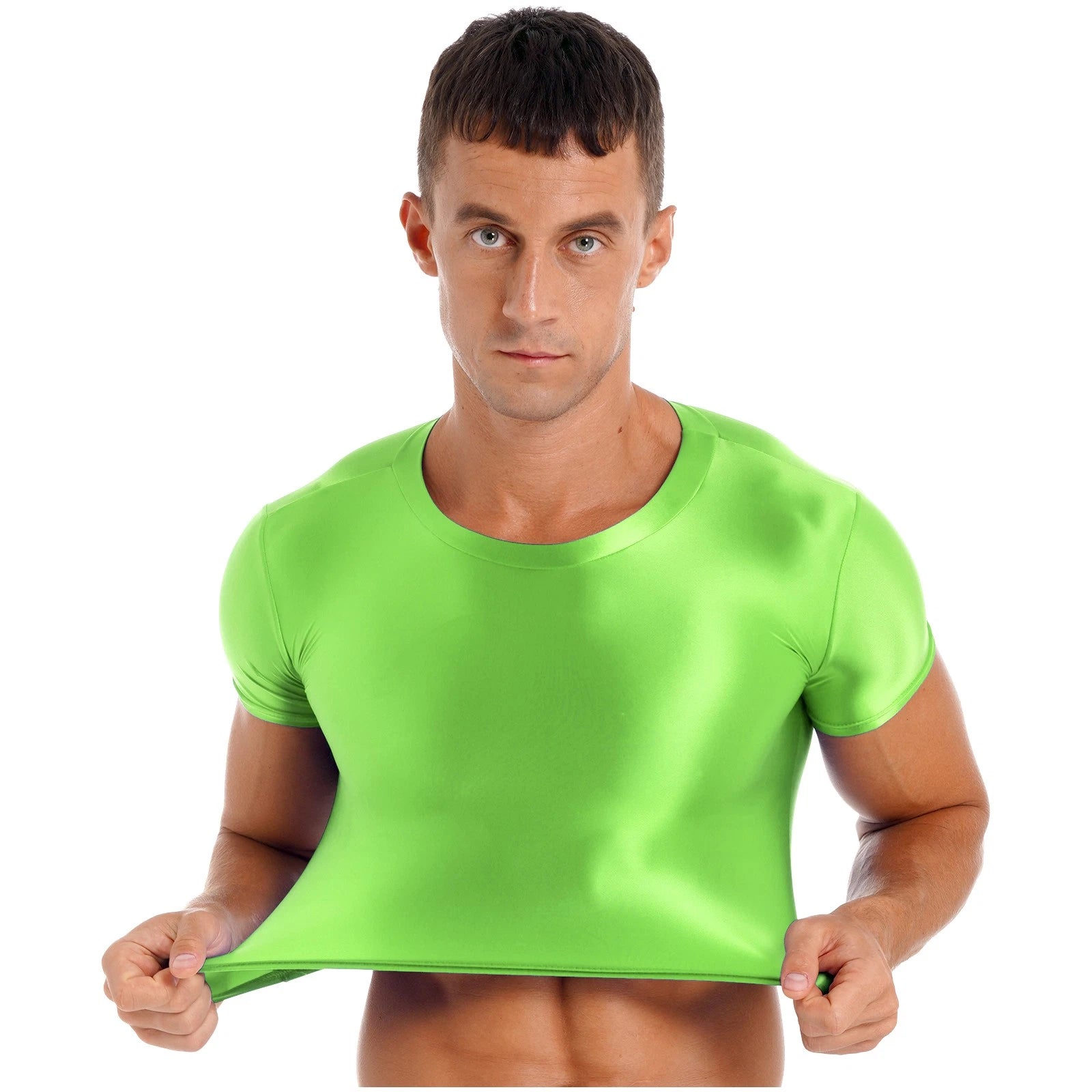 Men Glossy Crop Tops Stretchy Casual Short Sleeve T-shirt Muscle Tops Sportwear