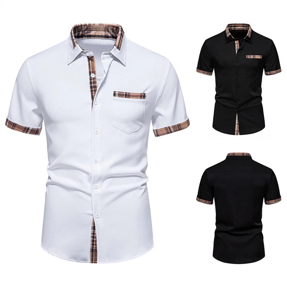 Men's Casual Slim Plaid Shirts Short Sleeve Button Down Tops Blouse