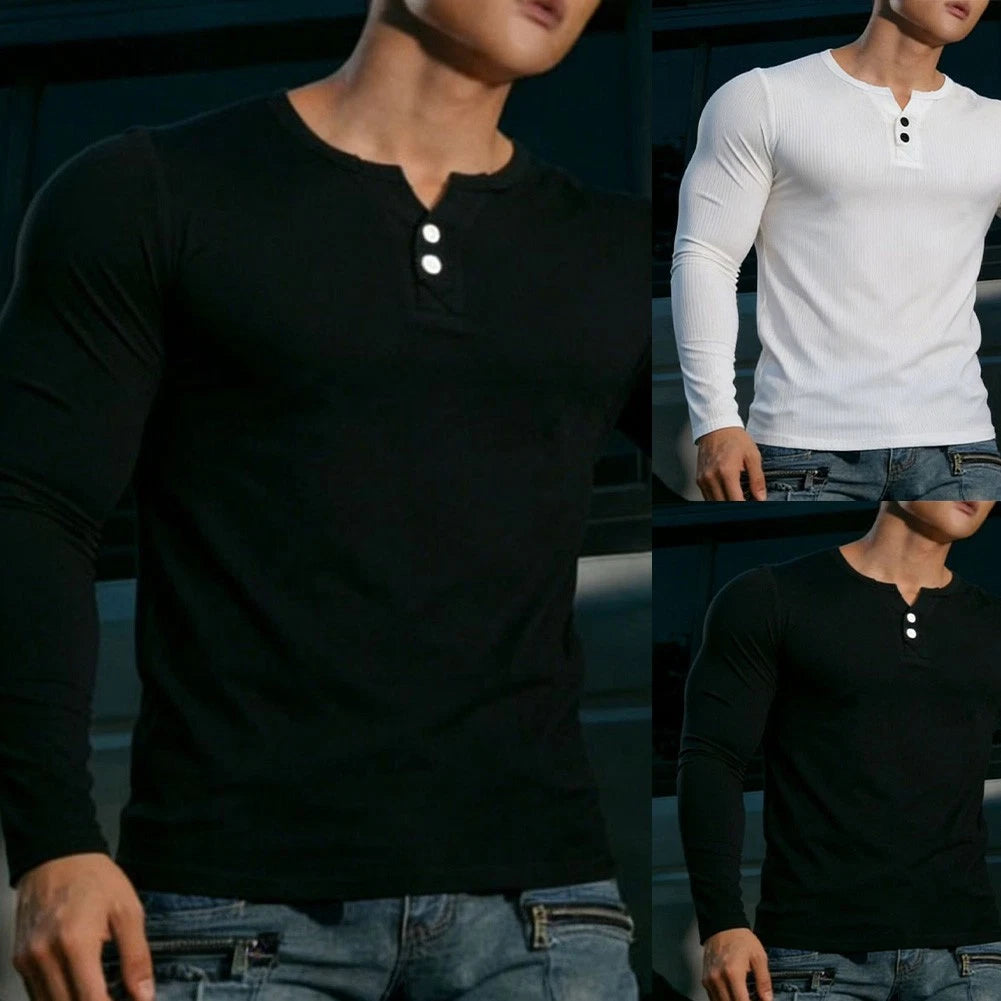 Men's Slim Fit Long Sleeve V Neck T-Shirt Solid Color Casual Top Regular Length