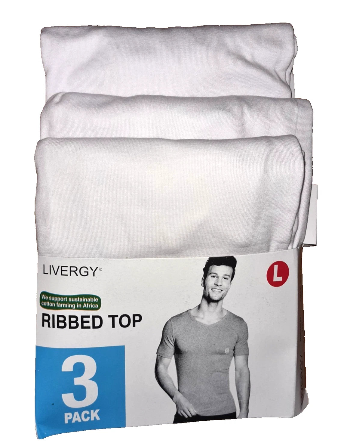 LIVERGY FINE RIBBED 3 PACK V-NECK SOLID T-SHIRTS WHITE (no logo) SIZE L
